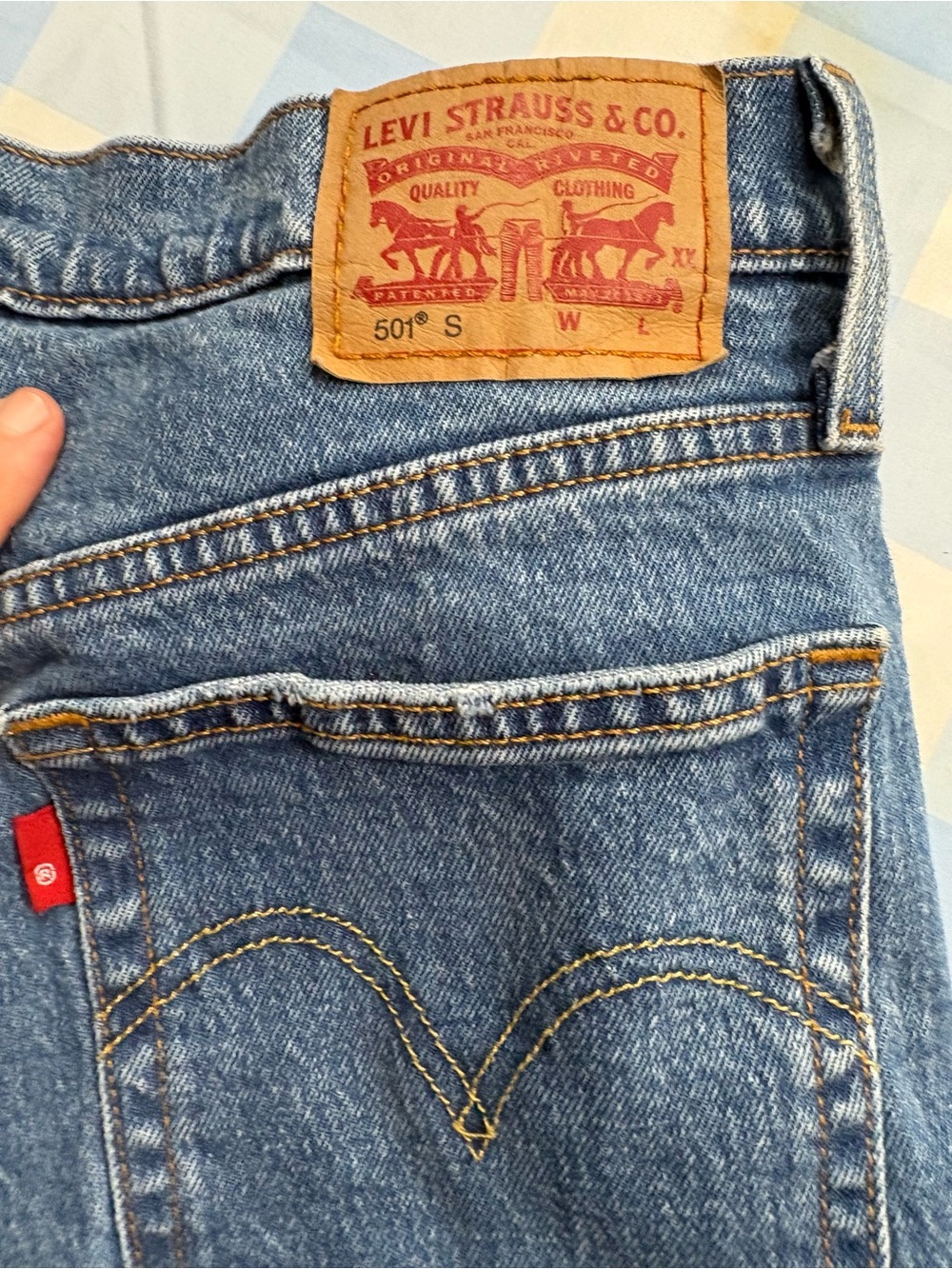 Levi's 501 blue denim jeans,Button-Fly,Levis Logo distressed (measures 29”x 29”)